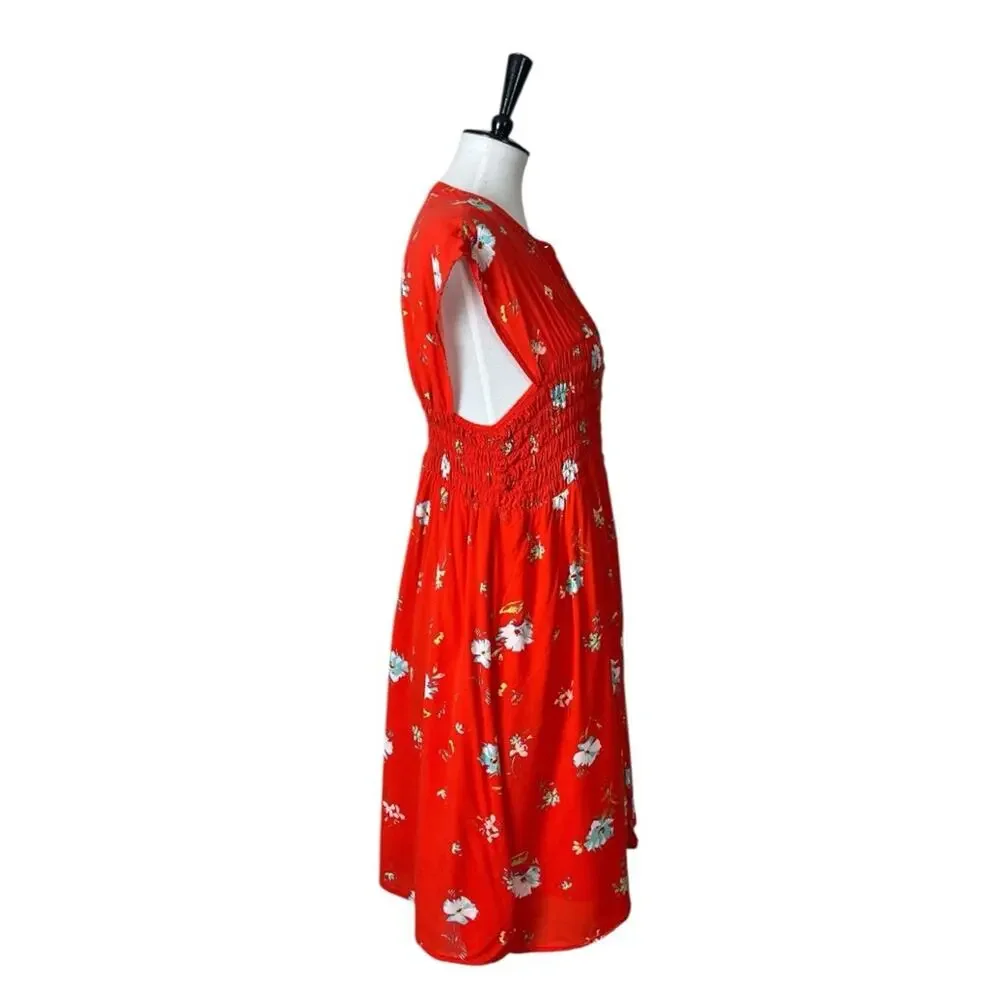 Free People Dress Smocked Waist Button Front Red Floral Women’s Size Medium